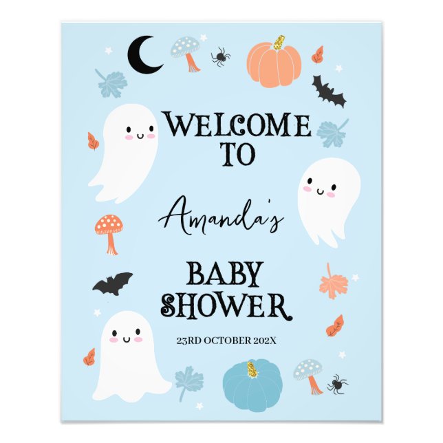 Modern Blue Halloween Baby Shower Welcome Sign  (Front)