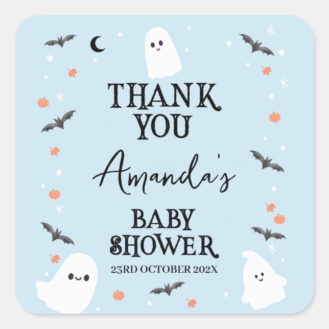 Modern Blue Halloween Little Boo Baby Shower  Square Sticker (Front)