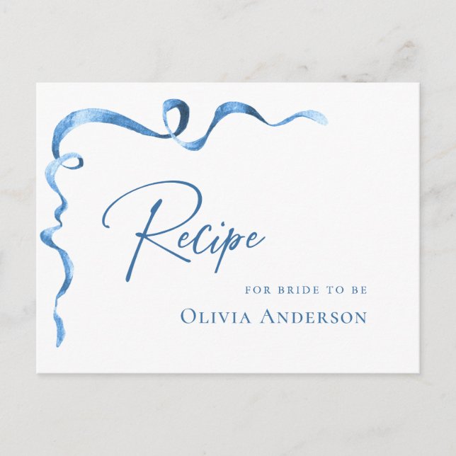 Modern Blue Hand Drawn Bow Bridal Shower Recipe Postcard (Front)