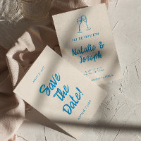 Modern Blue Hand Drawn Bright Retro Quirky Wedding