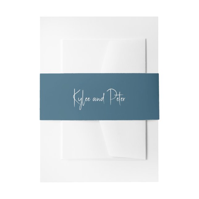 Modern Blue Handwritten Script Elegant Wedding Invitation Belly Band (Front Example)
