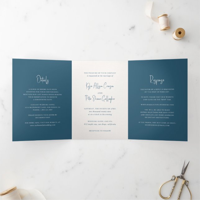Modern Blue Handwritten Script Elegant Wedding Tri-Fold Invitation (Inside)