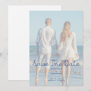Modern Blue Handwritten Wedding Photo  Save The Date