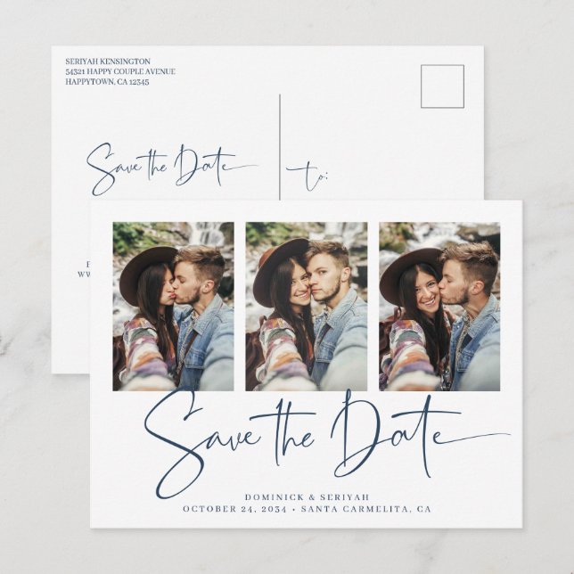 Modern Blue Handwritten Wedding Save the Date Postcard (Front/Back)