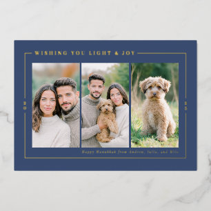 Modern Blue Hanukkah Photo Collage Foil Holiday Card