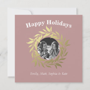 Modern Blue Happy Holidays Gold Foil Wreath Photo Holiday Card