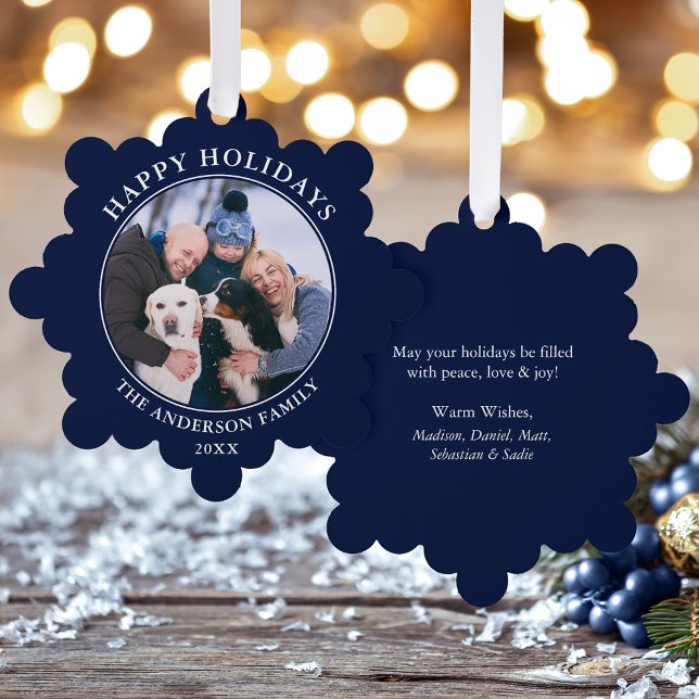 Modern Blue Happy Holidays Photo Tree Decoration Card (A greeting card that is also an ornament! Customize with your photo and personalized text.)