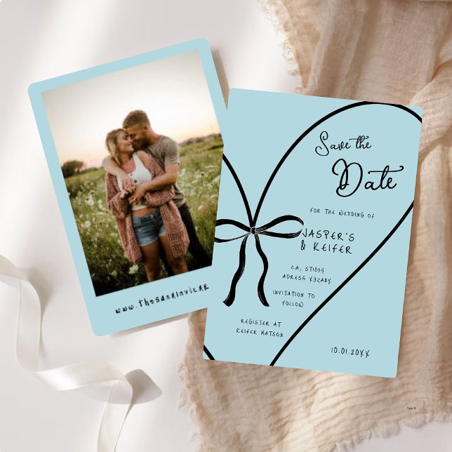 Modern Blue Heart Bow Photo Wedding Save The Date Invitation (Creator Uploaded)