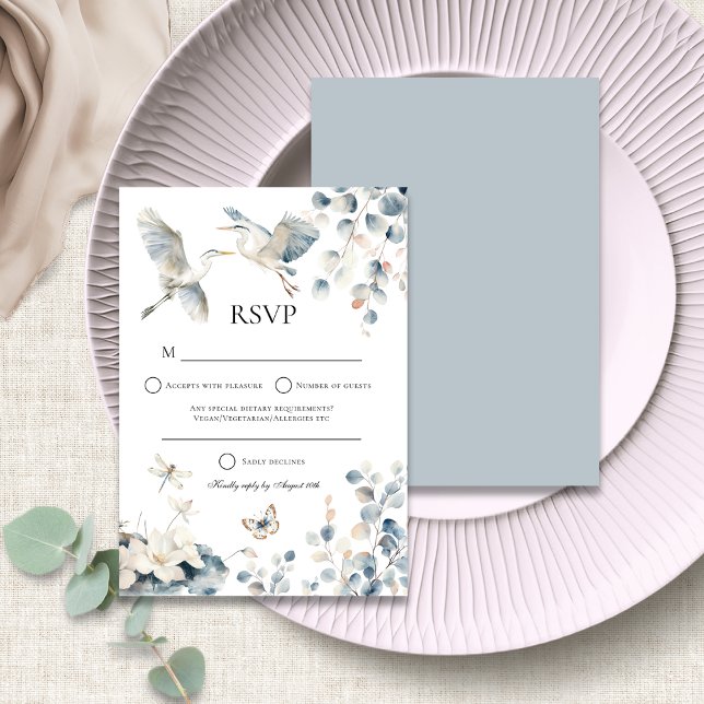 Modern Blue Heron Foliage Wedding RSVP Card (Front and back view)