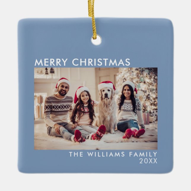 Modern Blue Holiday Photo Merry Christmas Ceramic Ornament (Front)