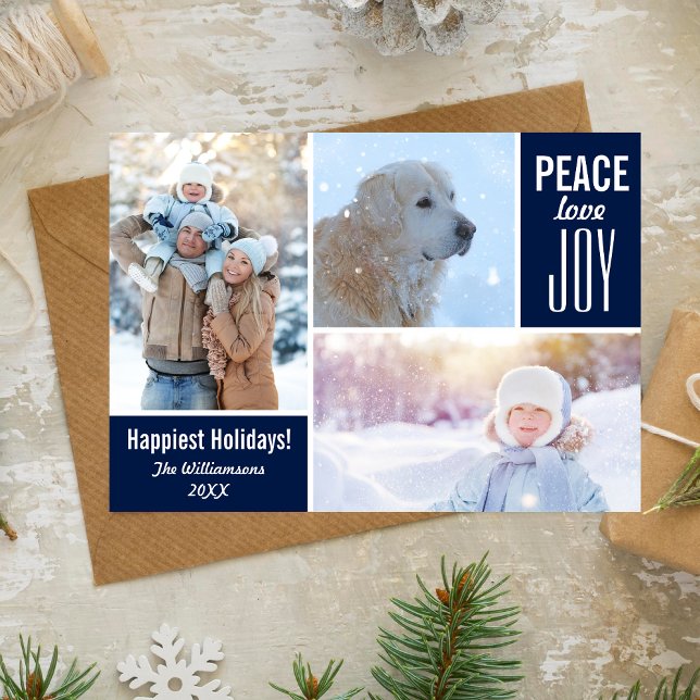 Modern Blue Holidays Peace Love Joy Photo Collage Holiday Card (Creator Uploaded)