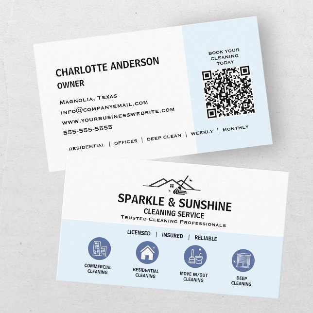 Modern Blue Housekeeping Cleaning Service QR Code Business Card (Creator Uploaded)