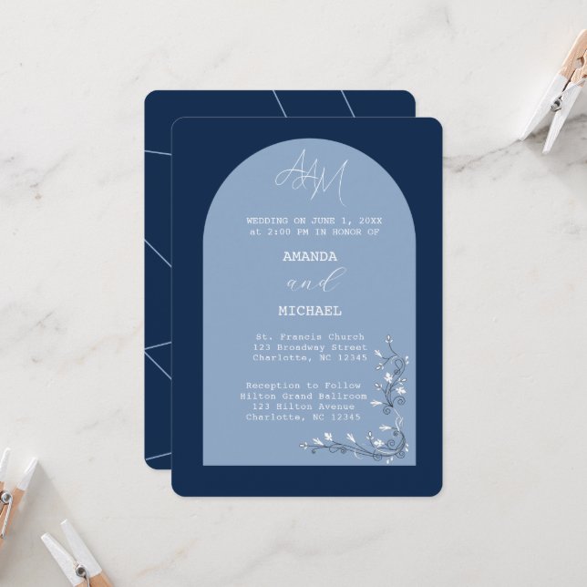 Modern Blue Hues Arch Wedding Invitation (Front/Back In Situ)