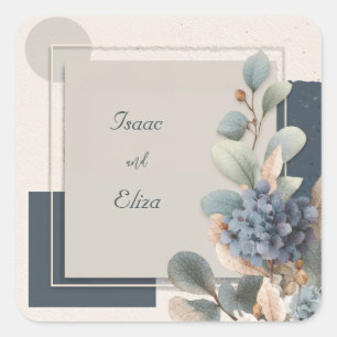 Modern Blue Hydrangea Botanical Geometric Wedding Square Sticker