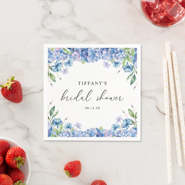 Modern Blue Hydrangea Floral Bridal Shower Napkin (Insitu)