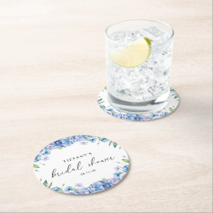 Modern Blue Hydrangea Floral Bridal Shower Round Paper Coaster