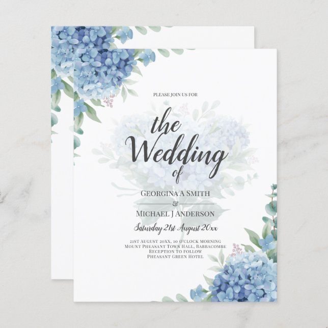 Modern Blue Hydrangea Floral Wedding Invitation (Front/Back)