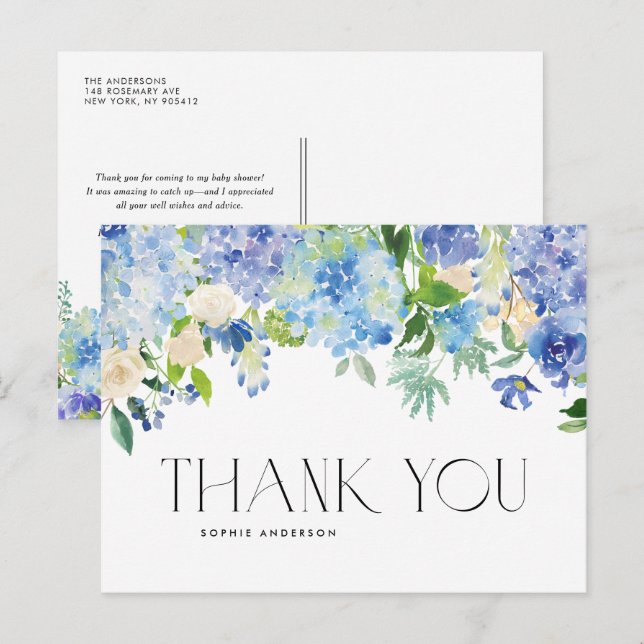 Modern Blue Hydrangea Flowers Thank You Postcard (Front/Back)