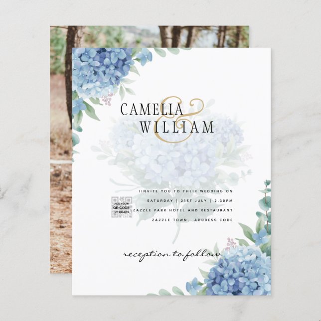 Modern Blue Hydrangea PHOTO Wedding Invitation (Front/Back)