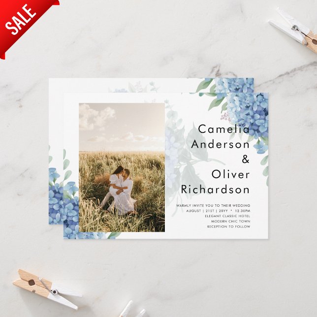Modern Blue Hydrangea PHOTO Wedding Invitation (Creator Uploaded)