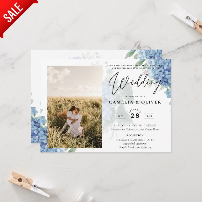Modern Blue Hydrangea PHOTO Wedding Invitation (Creator Uploaded)