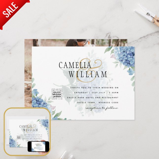 Modern Blue Hydrangea PHOTO Wedding Invitation (Creator Uploaded)