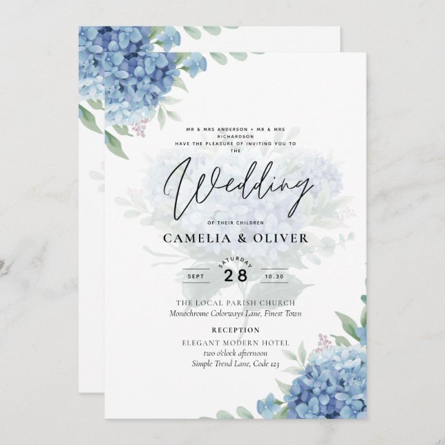 Modern Blue Hydrangea PHOTO Wedding Invitation (Front/Back)