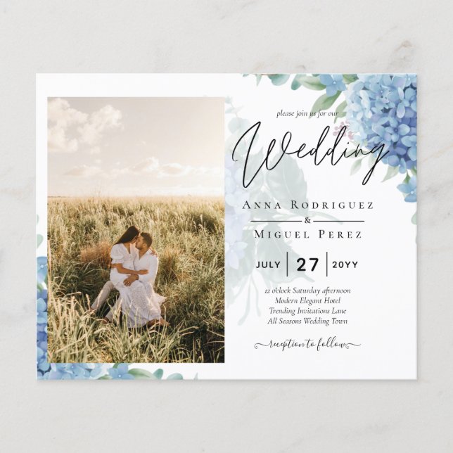 Modern Blue Hydrangea PHOTO Wedding Invitation Flyer (Front)