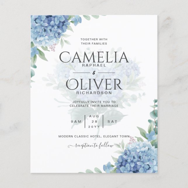Modern Blue Hydrangea PHOTO Wedding Invitation Flyer (Front)