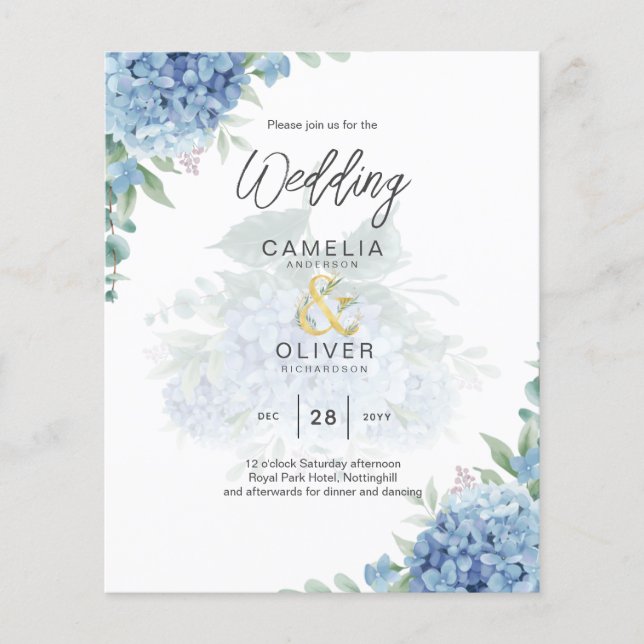 Modern Blue Hydrangea PHOTO Wedding Invitation Flyer (Front)