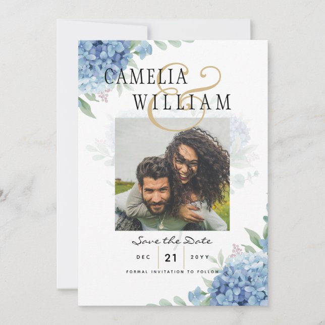 Modern Blue Hydrangea Wedding Invitation QR Code (Front)
