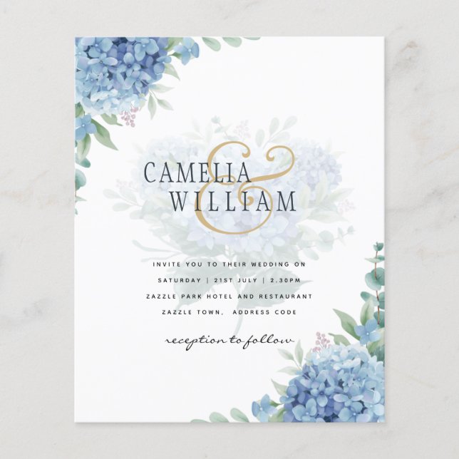Modern Blue Hydrangea Wedding Invitation QR Code Flyer (Front)