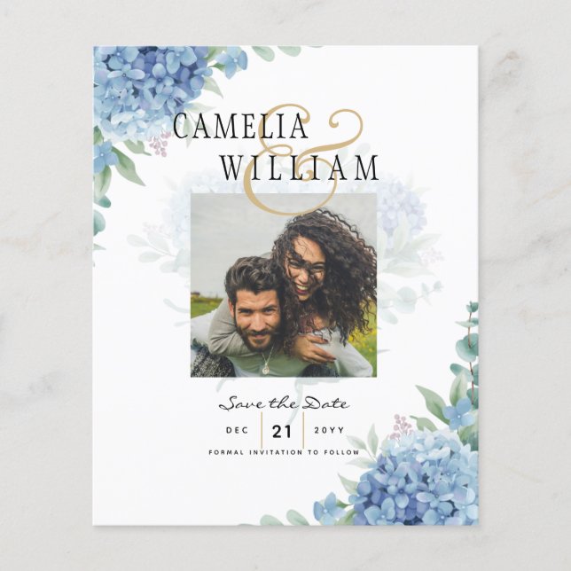Modern Blue Hydrangea Wedding Invitation QR Code Flyer (Front)