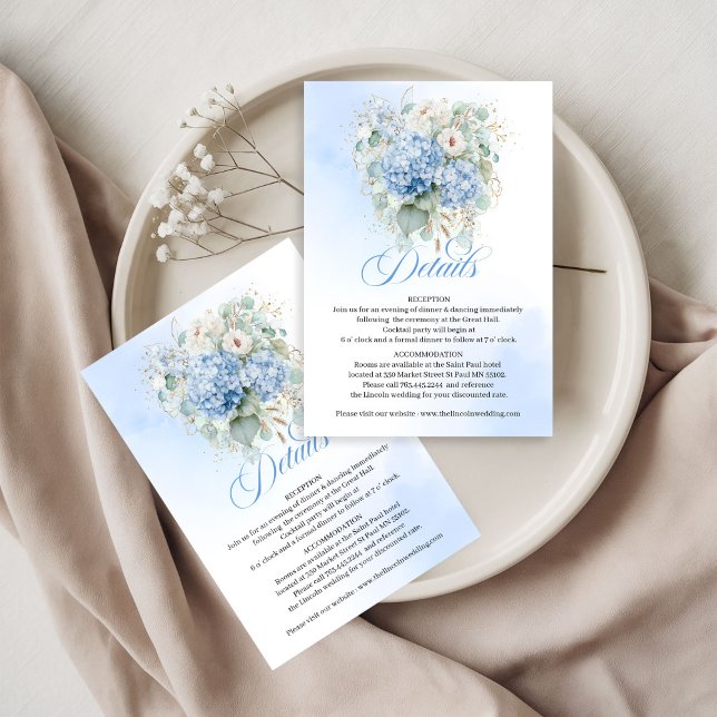 Modern Blue Hydrangeas Gold Wedding Details Card (Modern Blue Hydrangeas Gold Wedding Details Card

)