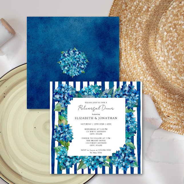 Modern Blue Hydrangeas Stripe Rehearsal Dinner Invitation (Creator Uploaded)