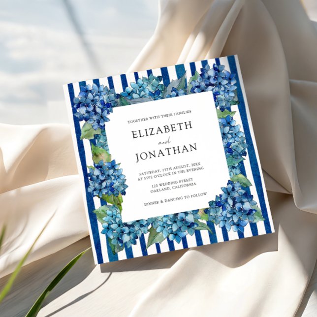 Modern Blue Hydrangeas Watercolor Stripe Wedding Invitation (Creator Uploaded)