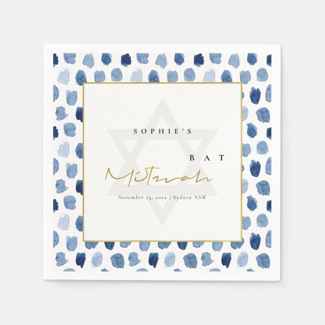 MODERN BLUE INDIGO WATERCOLOR DOTS BAR BAT MITZVAH NAPKIN (Front)