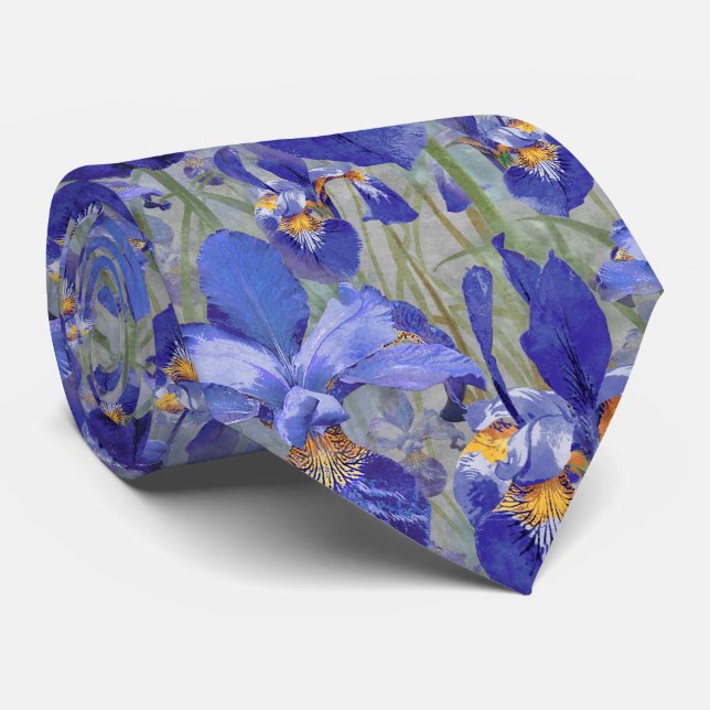 Modern Blue Iris Floral Pattern on Grey Tie (Rolled)