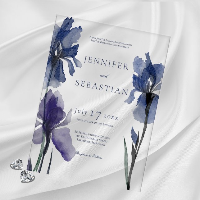 Modern Blue Iris Flowers Wedding Acrylic Invitations (Creator Uploaded)