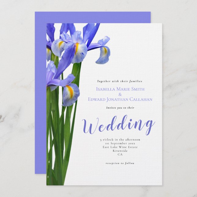 Modern Blue Irises Floral Bouquet Wedding  Invitation (Front/Back)