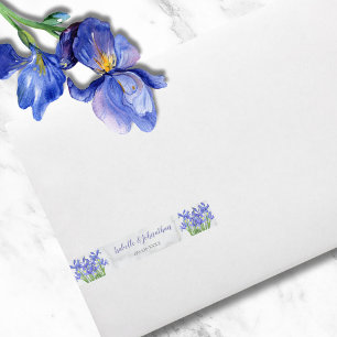 Modern Blue Irises Floral on Grey Marble Wedding Wraparound Address Label