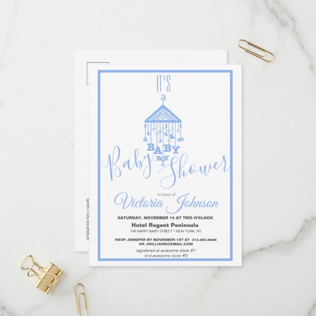 Modern Blue It's a Baby Boy Shower Invitation Postcard (Front/Back In Situ)
