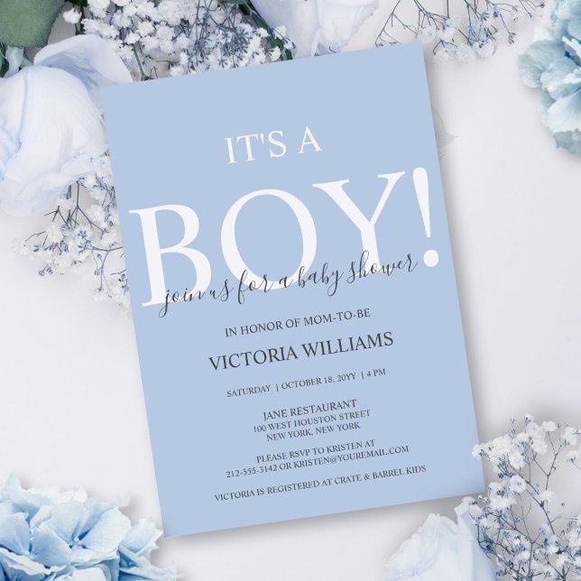 Modern Blue It's a Boy Typography Baby Shower Invitation (This simple, dusty blue baby shower invite is perfect for a mom expecting a baby boy.)