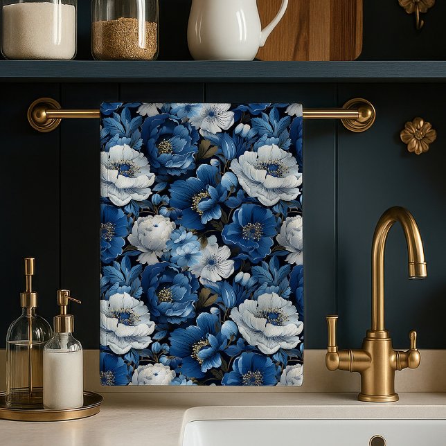 Modern Blue Ivory Floral Decorative Kitchen Towel (Modern Blue Ivory Floral Decorative Kitchen Towel)