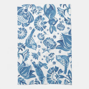 Modern Blue Jacobean Floral Rabbit Bird Pattern Tea Towel