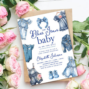 Modern Blue Jean Baby Denim Theme Girl Baby Shower Invitation