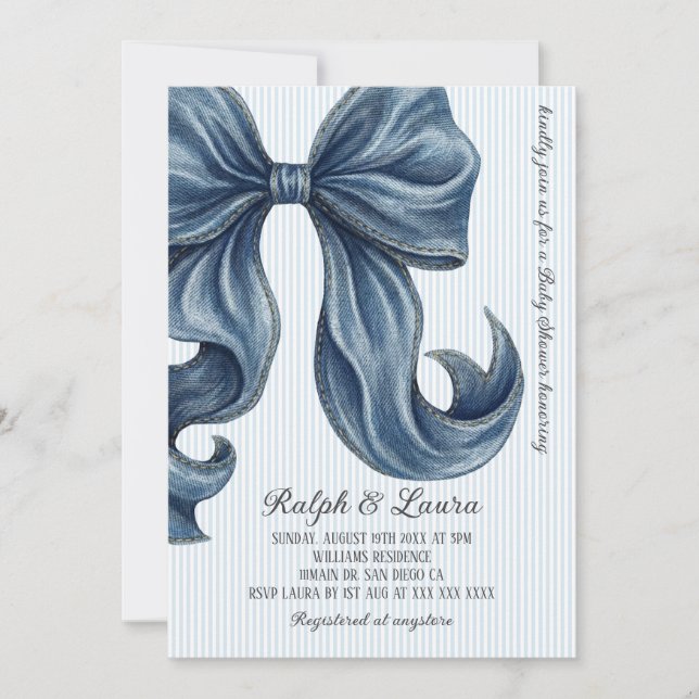 Modern Blue Jeans Bow Baby Shower Invitation (Front)