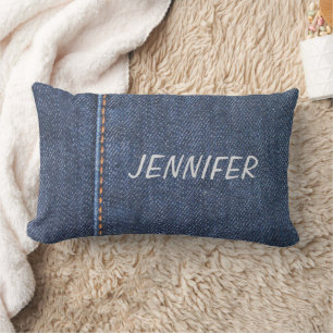 Modern blue jeans denim pattern personalised name lumbar cushion