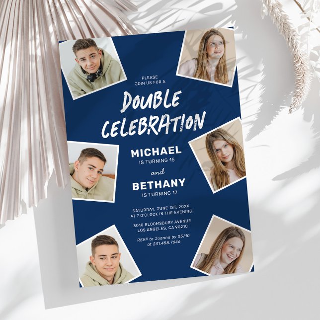 Modern Blue Joint Photo Birthday Party Invitation (Creator Uploaded)