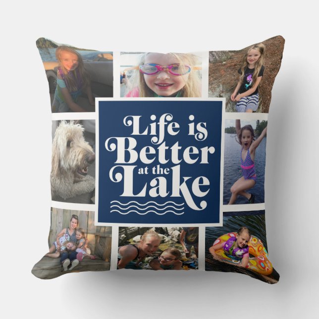 Modern Blue Lake Life Family Photo Pillow (Front)